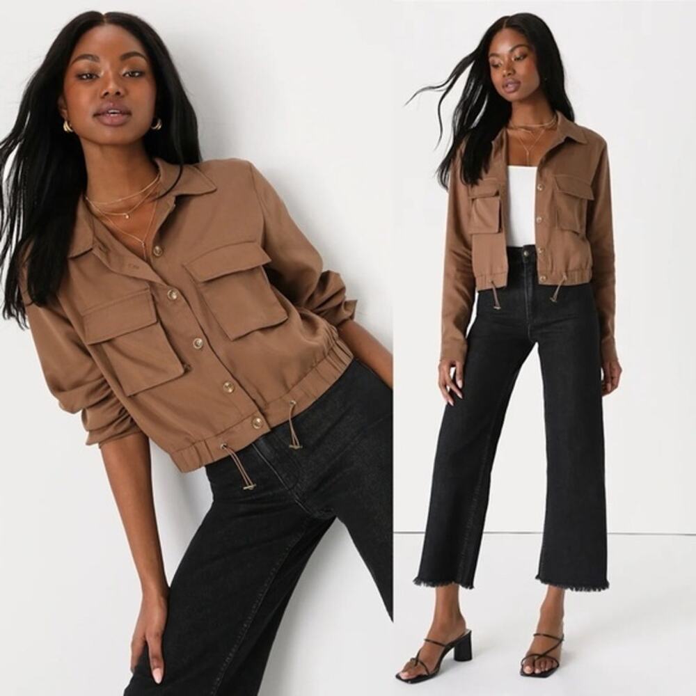 L Lulus Eldora Brown Cropped Utility Jacket Full Zip Top Safari Women's